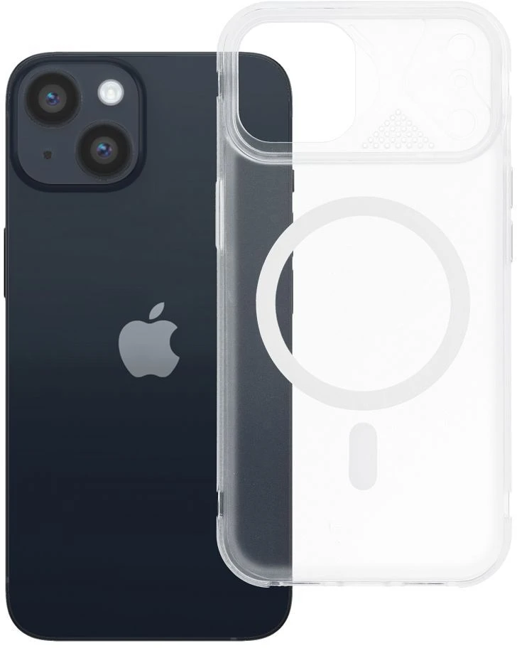 Oem Originalus „iPhone 14 Aurora“ dėklas, suderinamas su „MagSafe“ ir baltais ausinėmis.