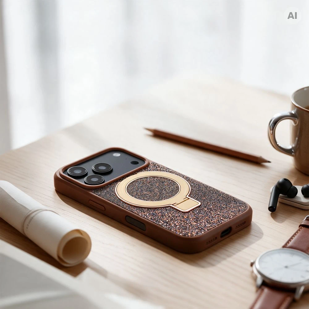 OEM dėklas iPhone 14 Quartz Circle Stand Mag Cover rudas