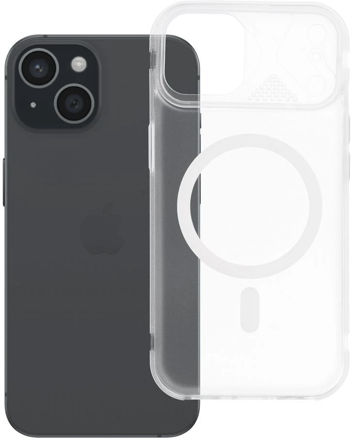 Oem Originalus „iPhone 15 Aurora“ dėklas, suderinamas su „MagSafe“ ir baltais ausinėmis.