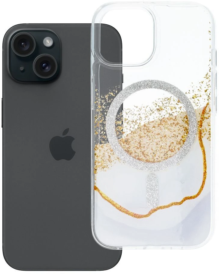 Golden OEM dėklas, skirtas „iPhone 15“, auksinis, suderinamas su „MagSafe“ ir baltais