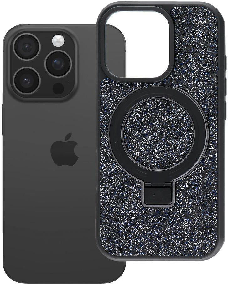 Oem dėklas iPhone 16 Pro Quartz Circle Stand Mag Cover juodas