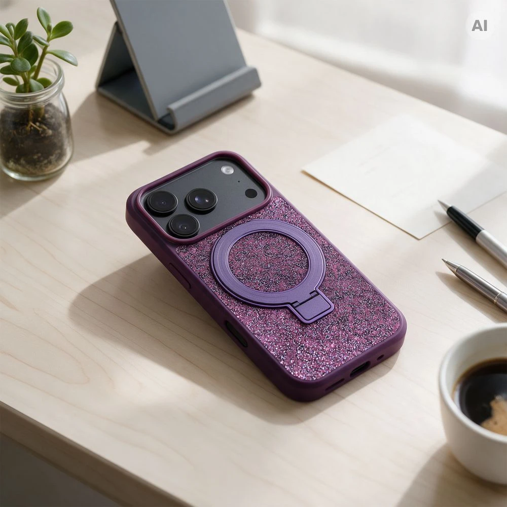 Oem dėklas iPhone 16 Pro Quartz Circle Stand Mag Cover tamsiai vyšninė