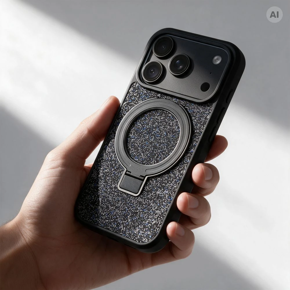 Oem dėklas iPhone 16 Quartz Circle Stand Mag Cover juodas
