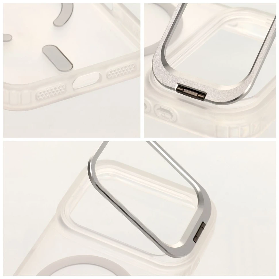 Dėklas iPhone 18 Pro / 17 Pro Forcell F-Protect Shadow Stand Premium, suderinamas su MagSafe, sidabrinis
