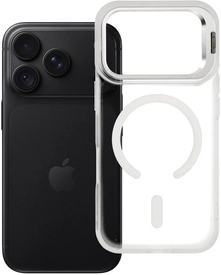 Dėklas iPhone 18 Pro / 17 Pro Forcell F-Protect Shadow Stand Premium, suderinamas su MagSafe, sidabrinis