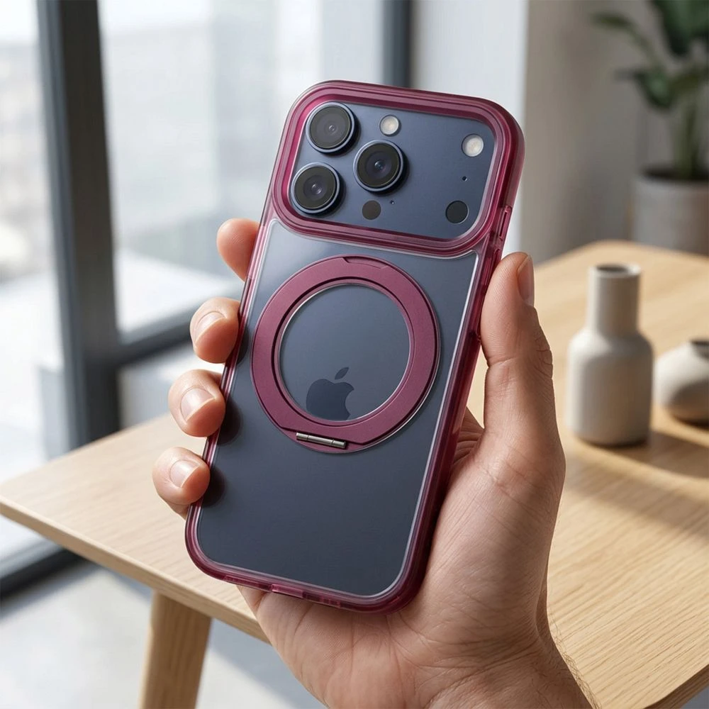 Oem dėklas iPhone 18 Pro / 17 Pro su rėmelio apskritu stovu, suderinamas su MagSafe, bordinės spalvos