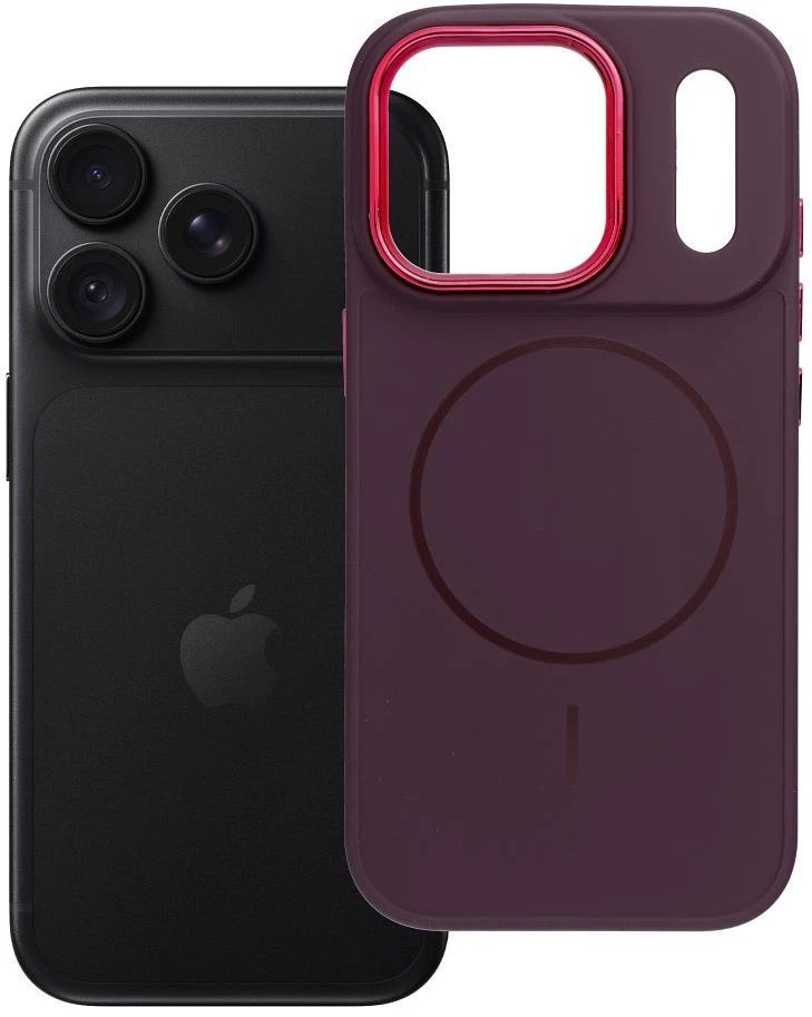 Oem dėklas iPhone 18 Pro / 17 Pro su rėmeliu Mag Cover, suderinamas su MagSafe, tamsiai vyšninės spalvos