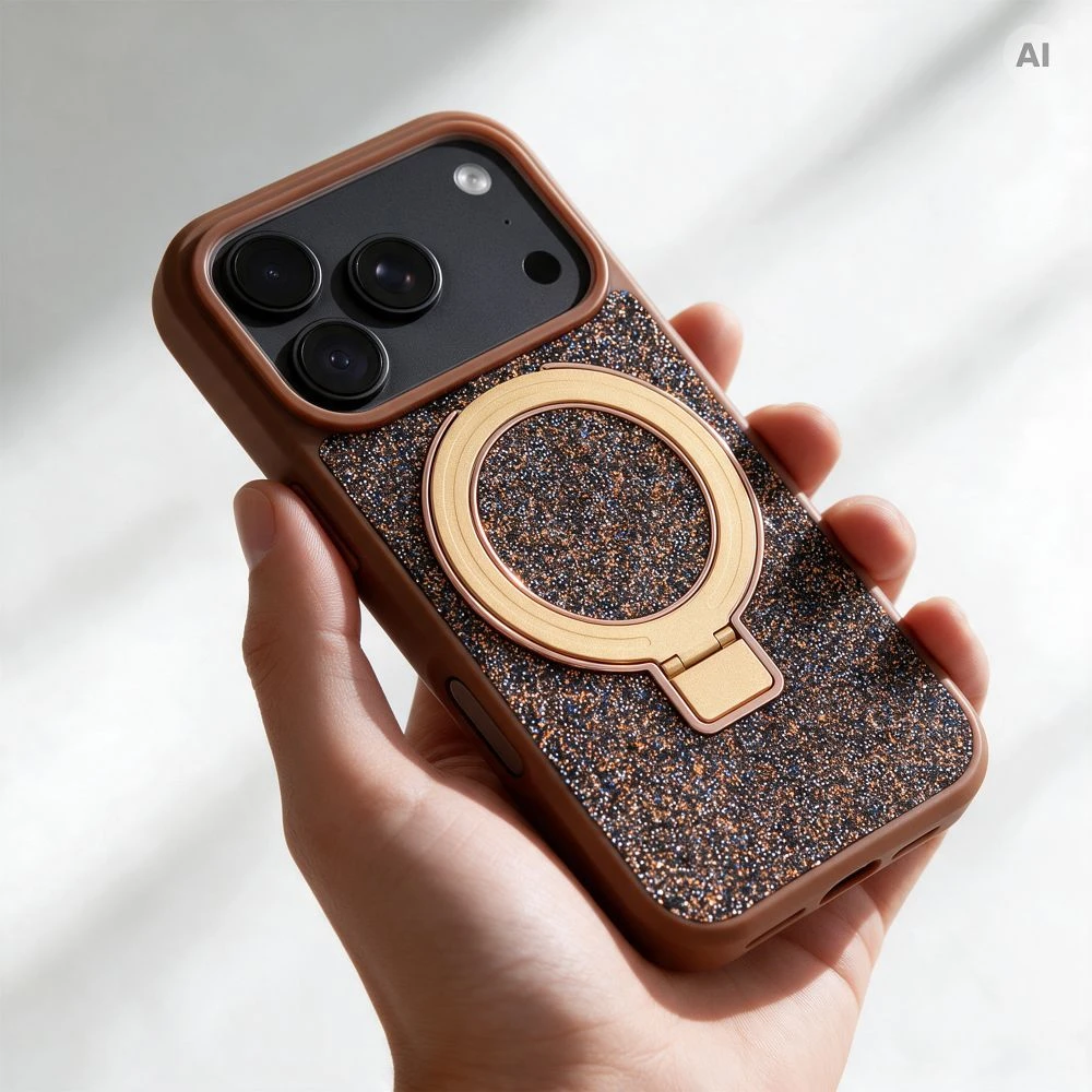 Oem dėklas iPhone 18 Pro / 17 Pro Quartz Circle Stand Mag viršeliui, ruda