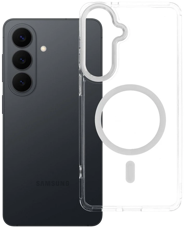 Oem „Samsung S26 PLUS Frame Clear Hybrid Mag Cover“ dėklas, suderinamas su „MagSafe“ ir permatomu dėklu.