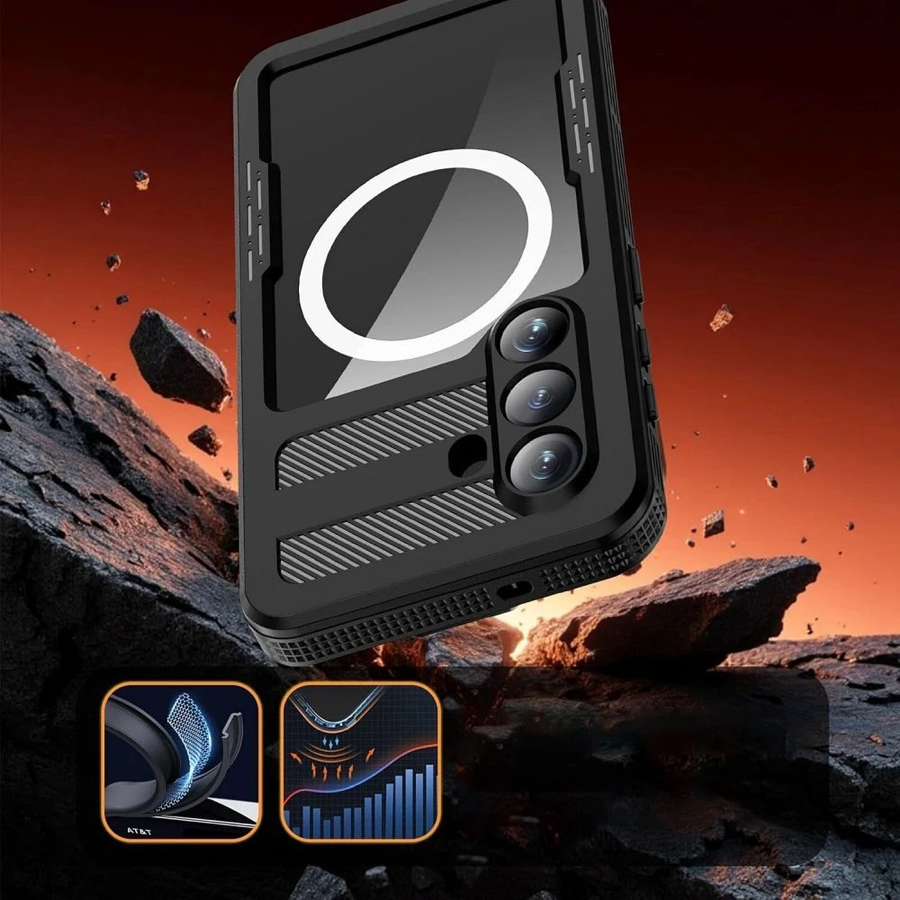 Dėklas na Samsung S26 vandeniui atsparus Shellbox Mars su metaliniu žiedu juoda