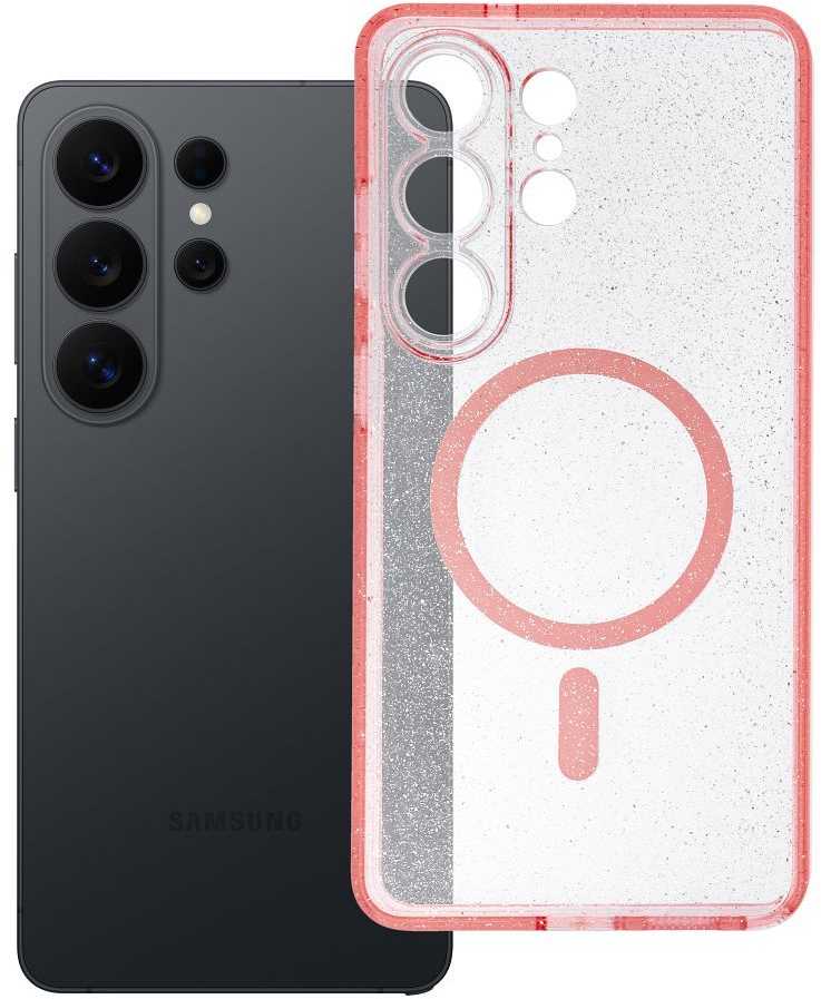 Oem „Samsung S26 ULTRA Clear Mag Cover“ dėklas – blizgučiais (strypas / kameros apsauga), suderinamas su „MagSafe“ rausvais blizgučiais.