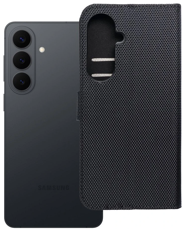 Oem Dėklas su klapką na Samsung S26 PLUS 4Card RFID antykradzieżowe tech fabric juoda