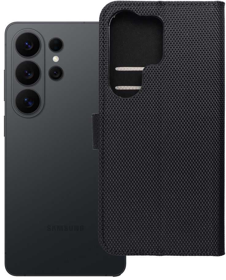 Oem Dėklas su klapką na Samsung S26 PLUS 4Card RFID antykradzieżowe tech fabric juoda