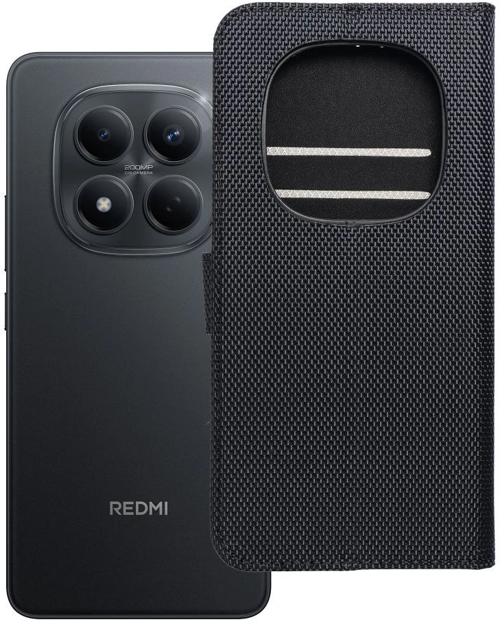 Oem Xiaomi „Redmi NOTE 15 PRO 4G“ 4Card RFID apsauginis dėklas su atlenkiamu viršeliu iš techninio audinio, juodas