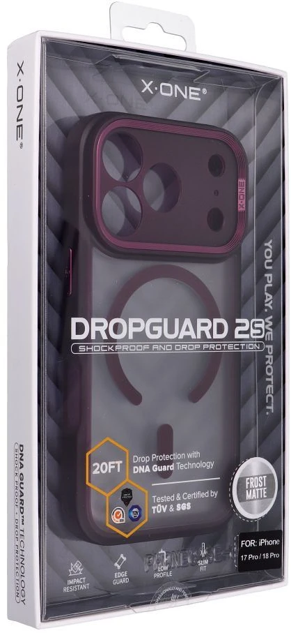 Dėklas X-ONE Dropguard 2S, suderinamas su MagSafe, skirtas iPhone 18 Pro / 17 Pro, tamsiai vyšninė
