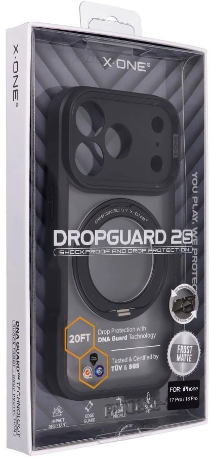 Dėklas X-ONE Dropguard 2S (stand edition) suderinamas su MagSafe, skirtas iPhone 18 Pro / 17 Pro, juodas frost matte