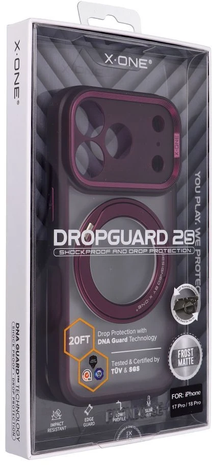 Dėklas X-ONE Dropguard 2S (stand edition) suderinamas su MagSafe, skirtas iPhone 18 Pro / 17 Pro, tamsiai vyšninė