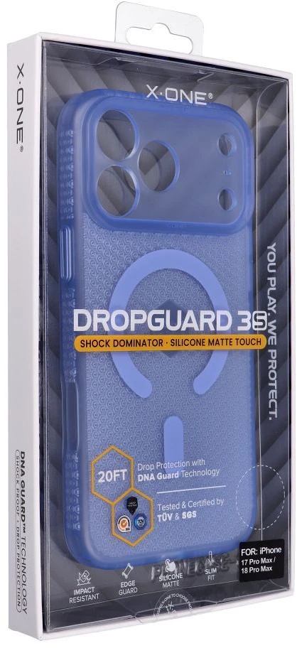 Dėklas X-ONE Dropguard 3S Shock Dominator, suderinamas su MagSafe, skirtas iPhone 18 Pro Max / 17 Pro Max, šviesiai mėlynas
