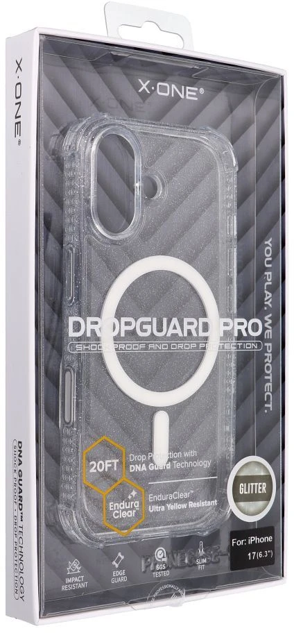 Dėklas X-ONE Dropguard Pro compatible with MagSafe for iPhone 17 glitter baltas