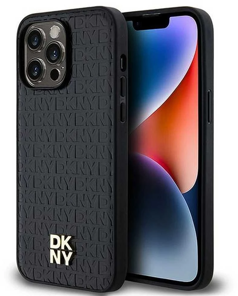 DKNY DKHMP13LPSHRPSK Apple iPhone 13 Pro 13 6.1 inch juodos spalvos kietas dėklas Leather Pattern Metal Logo MagSafe