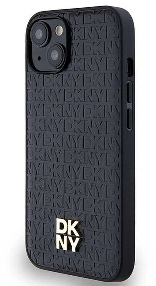 DKNY DKHMP14SPSHRPSK Apple iPhone 14 15 13 juodos spalvos kietas dėklas Leather Monogram Pattern Metal Logo MagSafe
