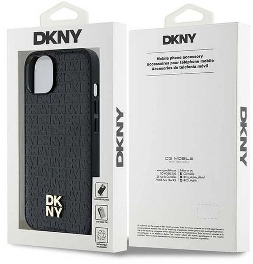 DKNY DKHMP14SPSHRPSK Apple iPhone 14 15 13 juodos spalvos kietas dėklas Leather Monogram Pattern Metal Logo MagSafe