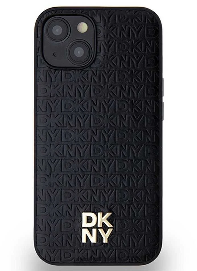 DKNY DKHMP14SPSHRPSK Apple iPhone 14 15 13 juodos spalvos kietas dėklas Leather Monogram Pattern Metal Logo MagSafe