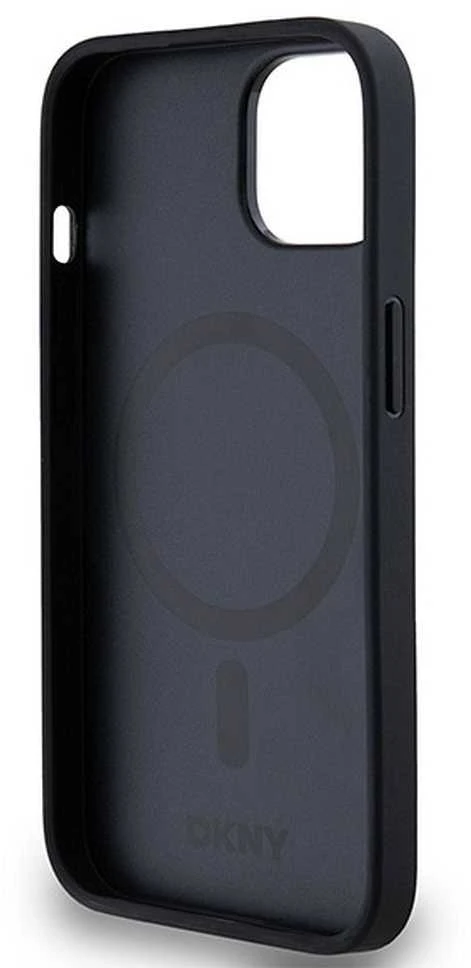 DKNY DKHMP14SPSHRPSK Apple iPhone 14 15 13 juodos spalvos kietas dėklas Leather Monogram Pattern Metal Logo MagSafe