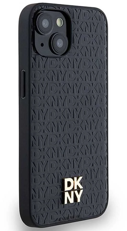 DKNY DKHMP14SPSHRPSK Apple iPhone 14 15 13 juodos spalvos kietas dėklas Leather Monogram Pattern Metal Logo MagSafe