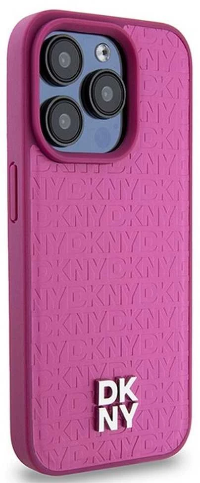 DKNY DKHMP15LPSHRPSP Apple iPhone 15 Pro 6.1 inch rožinės spalvos kietas dėklas Leather Monogram Pattern Metal Logo MagSaf