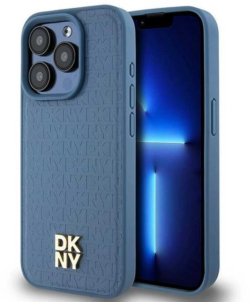 DKNY DKHMP15LPSHRPSB Apple iPhone 15 Pro 6.1 inch mėlynas kietas dėklas Leather Monogram Pattern Metal Logo MagSaf