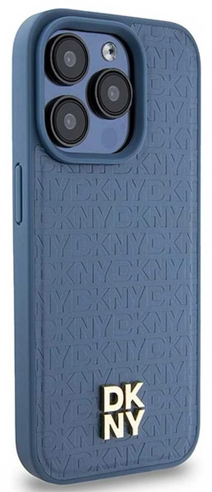DKNY DKHMP15LPSHRPSB Apple iPhone 15 Pro 6.1 inch mėlynas kietas dėklas Leather Monogram Pattern Metal Logo MagSaf