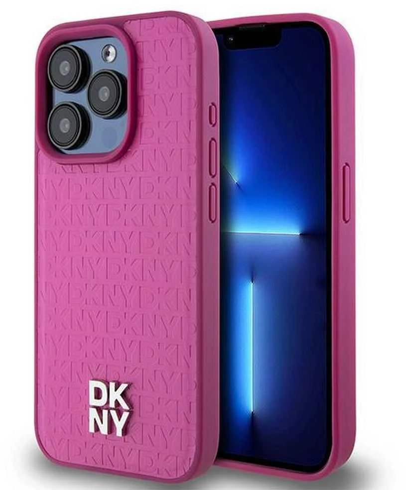 DKNY DKHMP15LPSHRPSP Apple iPhone 15 Pro 6.1 inch rožinės spalvos kietas dėklas Leather Monogram Pattern Metal Logo MagSaf