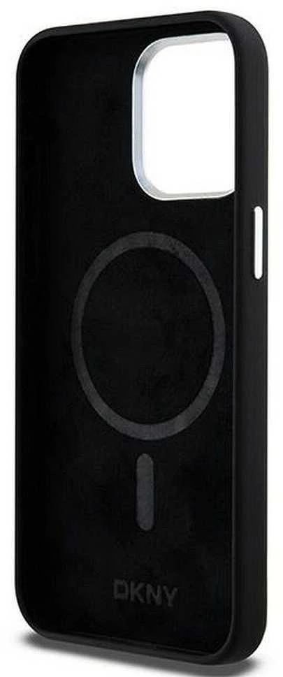 DKNY DKHMP15XSMCHLK Apple iPhone 15 Pro Max 6.7″ juodos spalvos kietas dėklas Liquid Silicone Small Metal Logo MagSafe