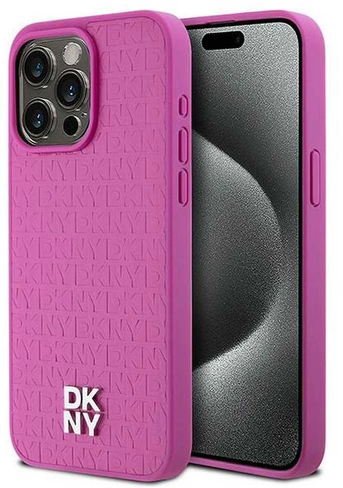 Apple iPhone 15 Pro Max DKNY odinis dėklas Monogram Pattern Metal Logo MagSafe (DKHMP15XPSHRPSP) rožinės spalvos