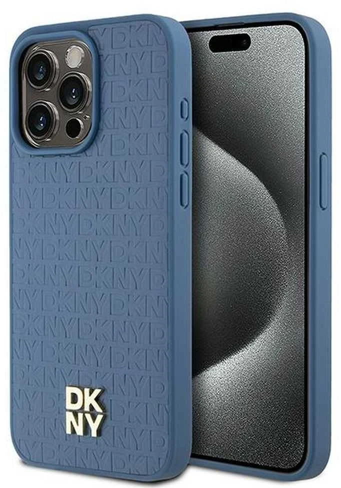 DKNY DKHMP15XPSHRPSB Apple iPhone 15 Pro Max 6.7 inch mėlynas kietas dėklas Leather Monogram Pattern Metal Logo Ma