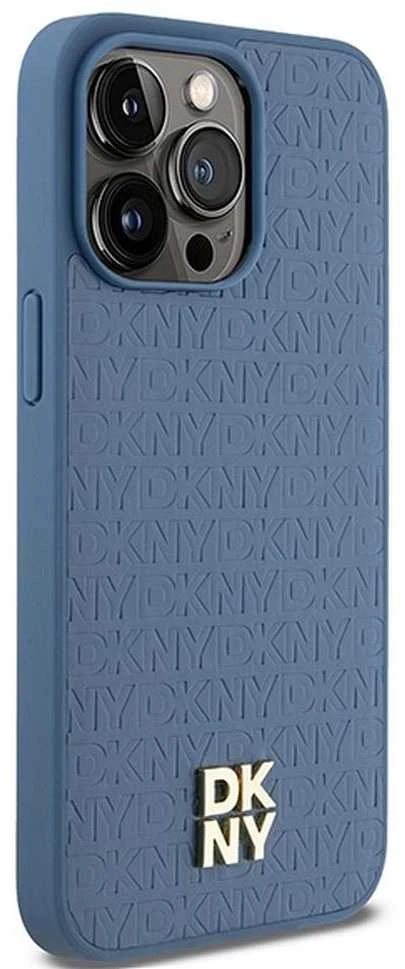 DKNY DKHMP15XPSHRPSB Apple iPhone 15 Pro Max 6.7 inch mėlynas kietas dėklas Leather Monogram Pattern Metal Logo Ma