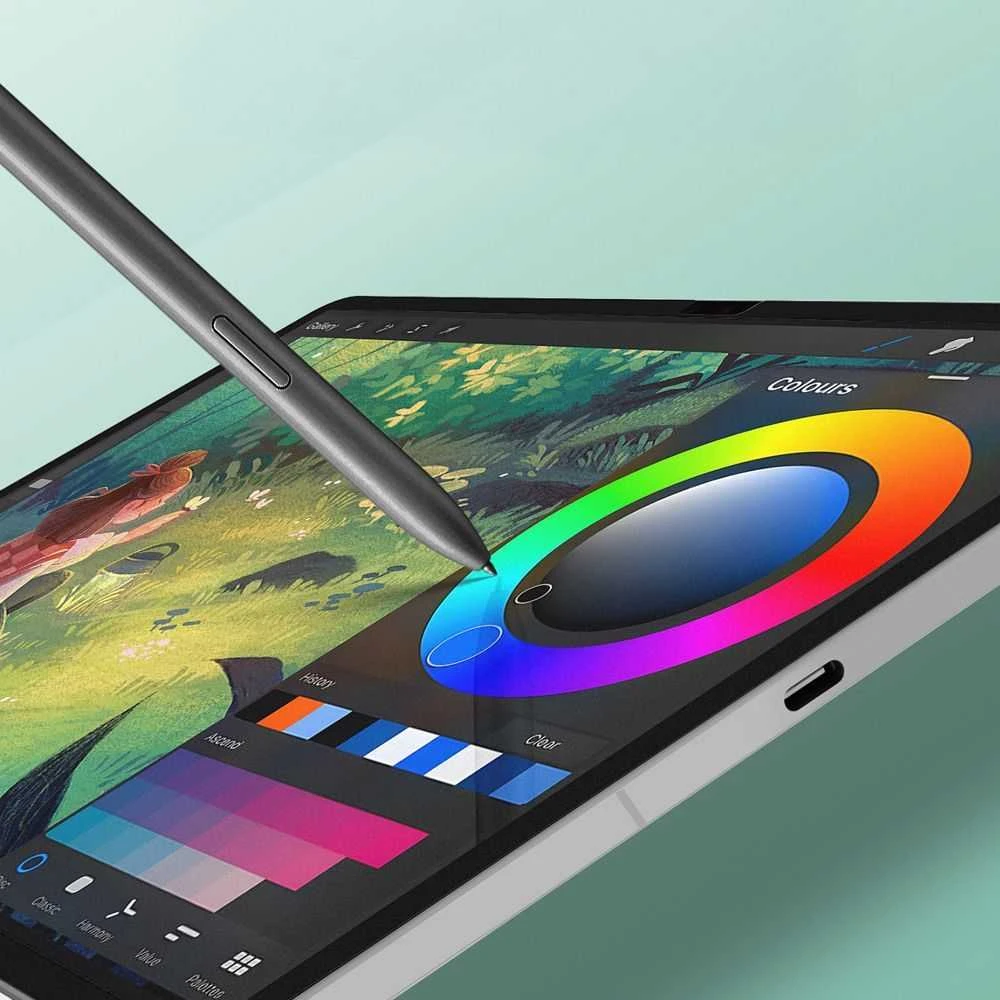 „Dux Ducis Naad“ popierinis matinis ekrano apsauginis sluoksnis, skirtas „Samsung Galaxy Tab S10 FE Plus“ su juodu rėmeliu.