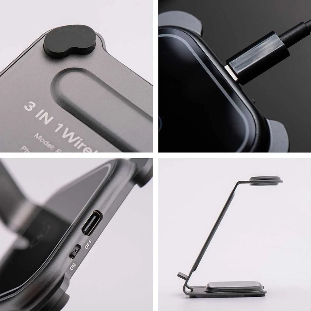 Forcell F-Energy 3in1 Simply Charge indukcinis įkroviklis, aliuminis, suderinamas su Apple Watch ir Samsung Watch, pilkas