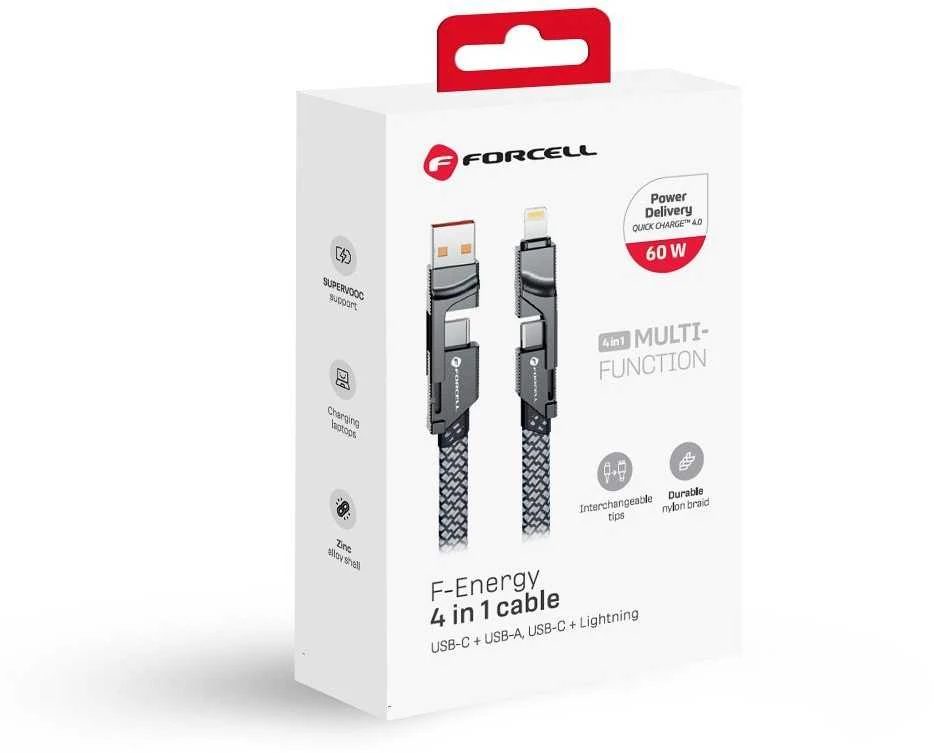 Laidas 4in1 USB C / USB A į USB C / Lightning Forcell F-Energy QC PD 3A 60W 1 m C241 chromuotas