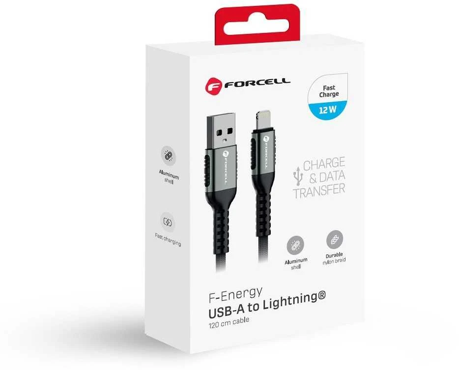 USB A tipo į „Lightning“ tipo laidas Forcell F-Energy 2,4A 12W Cafule 1,2 m C257 juodas