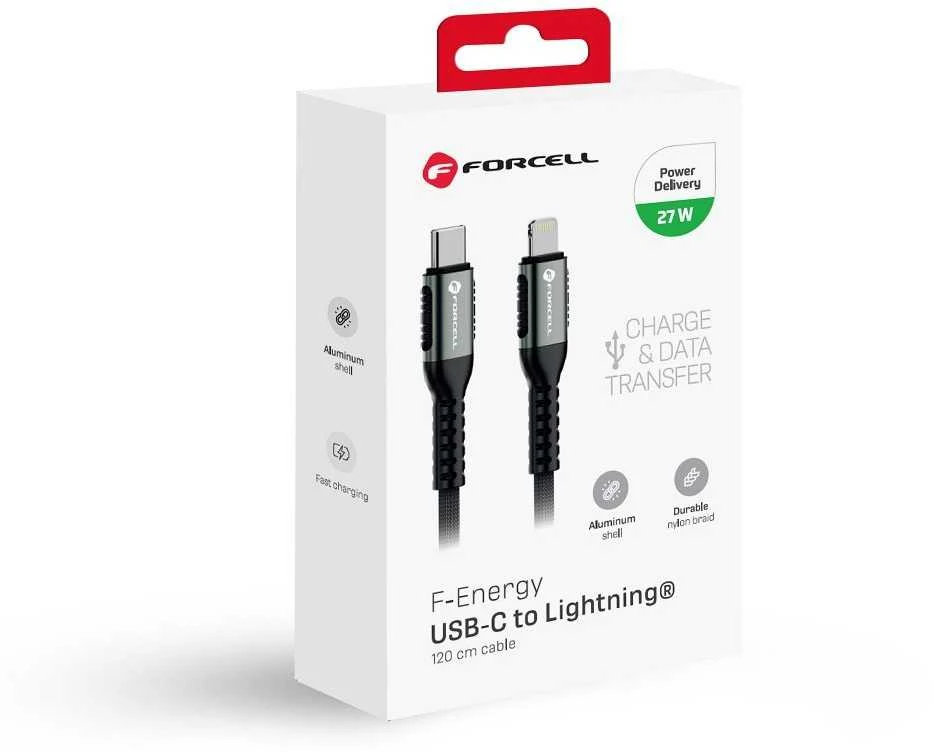 USB C - Lightning laidas Forcell F-Energy PD 3A 27W Cafule 1,2 m C259 juodas
