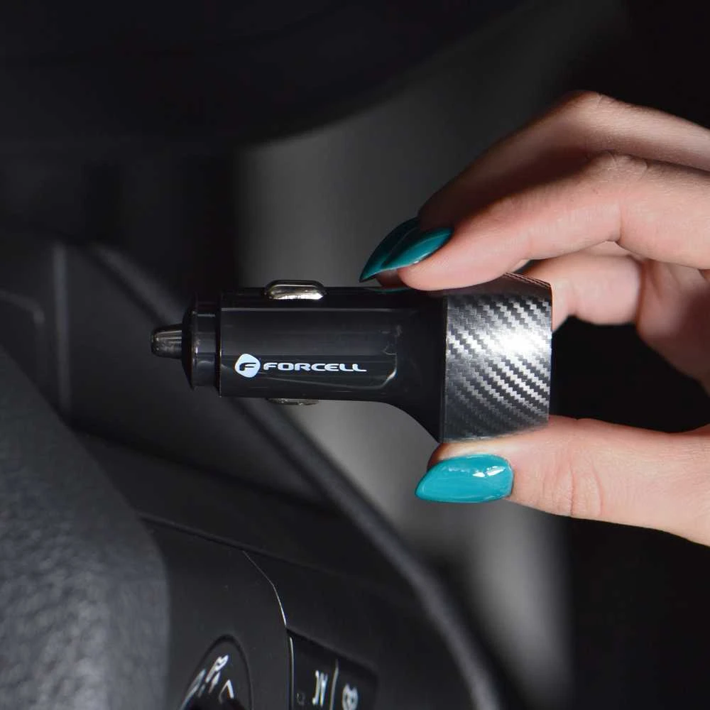 Automobilinis įkroviklis Forcell F-Energy Carbon USB C QC3.0 PD 3A 20W + laidas USB C - Lightning CC50-1C juodas