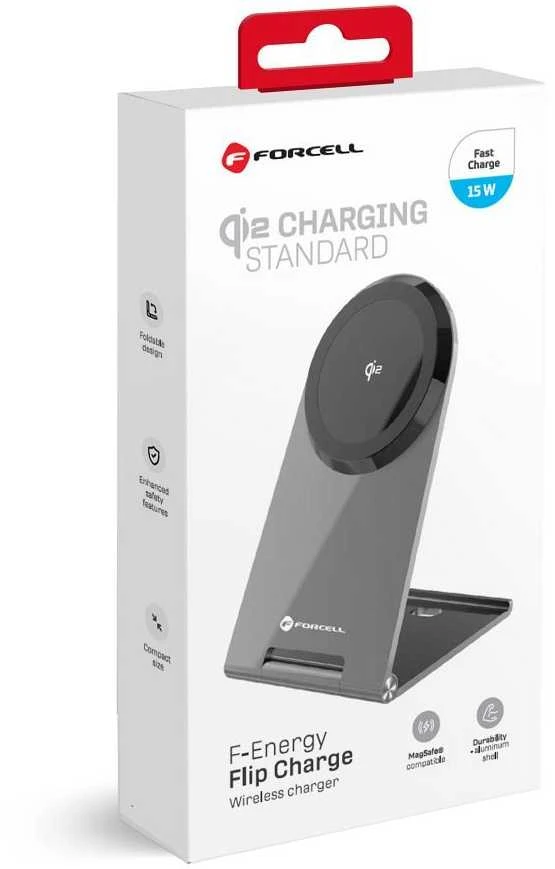Belaidis įkroviklis Forcell F-Energy Flip Charge USB C Qi2 15W, suderinamas su MagSafe sidabrinis 0INT