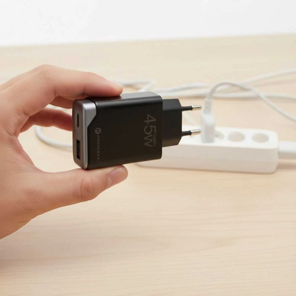 Telefono įkroviklis Forcell F-Energy Ultra Slim GaN III USB C + USB A PD QC4.0 3A 45W B245202(1A1C) juodas
