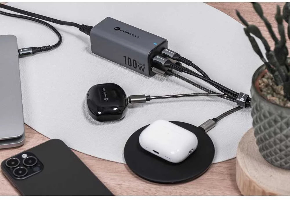 Stalinis įkroviklis Forcell F-Energy GaN III 2 x USB C + 2 x USB A QC4.0 PD 5A 100W VT-49 pilka