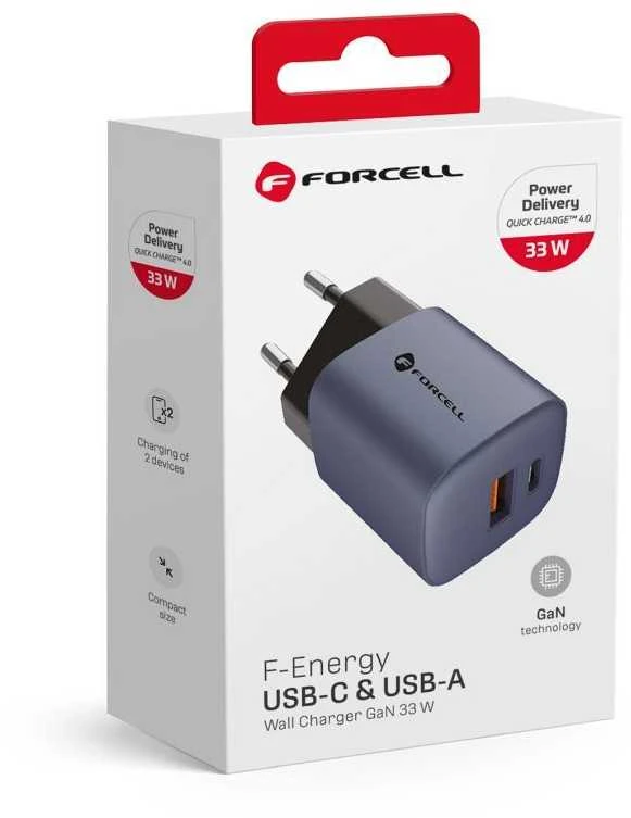 Įkroviklis Forcell F-Energy (1xUSB-C;1xUSB 3A 33W) juodas