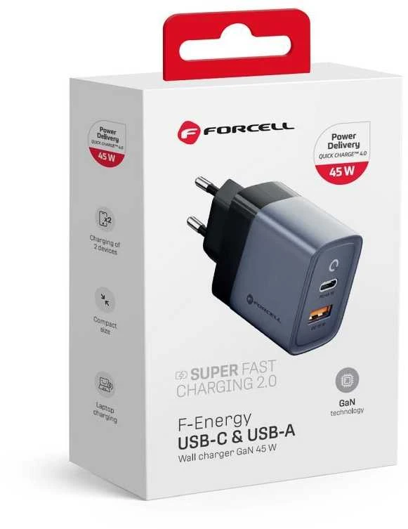 Įkroviklis Forcell F-Energy (1xUSB-C;1xUSB 4A 45W) juodas