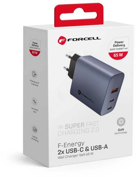 Įkroviklis Forcell F-Energy (2xUSB-C;1xUSB 4A 65W) juodas