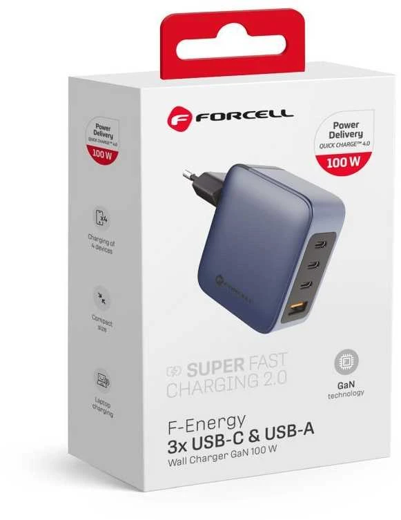 Telefono įkroviklis Forcell F-Energy GaN 3 x USB C + USB A QC4.0 PD 5A 100W VT-46 pilka